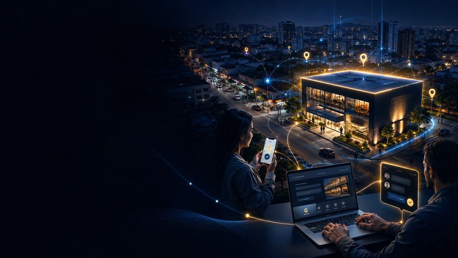 Pessoas usando celular e notebook para localizar um negócio em uma cidade à noite